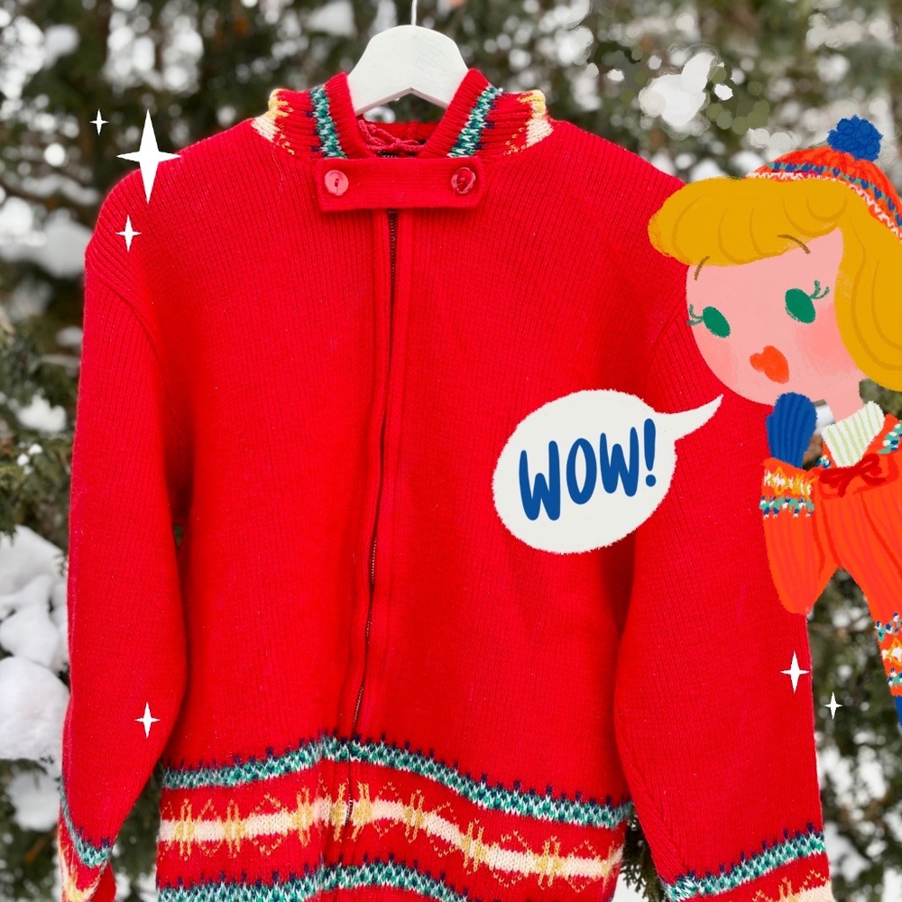 Rare Vintage Red Tundra 100% Wool Hooded Zip-up Sweater